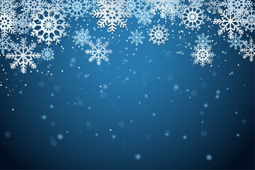 Blue Christmas background with white snowflakes, snow, place for text. Snowflakes with different patterns and volume effect. 