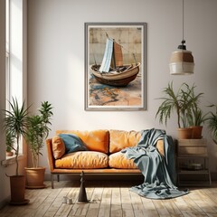 A wall hanging that includes a picture of a boat