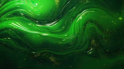  a green abstract background with gold glitters and waves of liquid.  generative ai