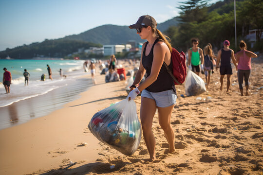Tourists clean up trash and plastic bottles from the beach. Preserve the environment, Recycling, Helping local communities