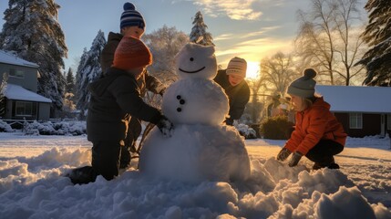 Children building snowman in the backyard