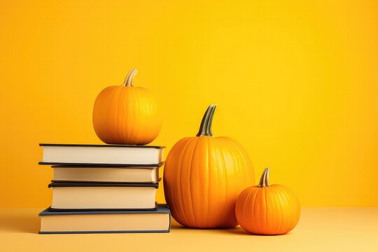 Autumn Books And Pumpkins On Bright Yellow Background, Symbolizing Learning And Education