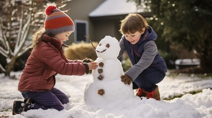Children building snowman in the backyard - obrazy, fototapety, plakaty