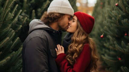 Obraz premium Couple kiss in winter holiday theme