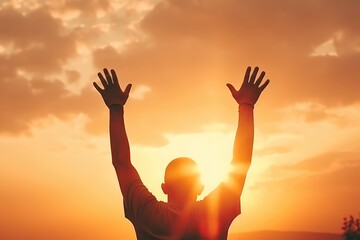 Christian Worship And Praise Concept Hands Rising Against Sunset Background - obrazy, fototapety, plakaty