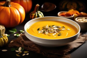 Creamy Pumpkin Soup Elegantly Served In Bowl, Comforting Autumn Dish. Сoncept Pumpkin Soup, Autumn Comfort Food, Creamy Bowl Of Soup, Elegant Presentation