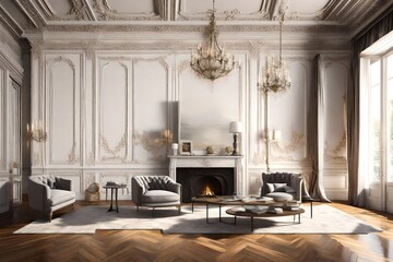 Generate a cozy 3D-rendered scene that centers around a grand fireplace in a room with tall ceilings and wooden parquet floors. Emphasize the warmth and comfort of the space with soft lighting, creati - obrazy, fototapety, plakaty