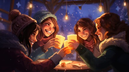 Obraz premium Friend toasting at night party, Holiday Celebration illustration cartoon