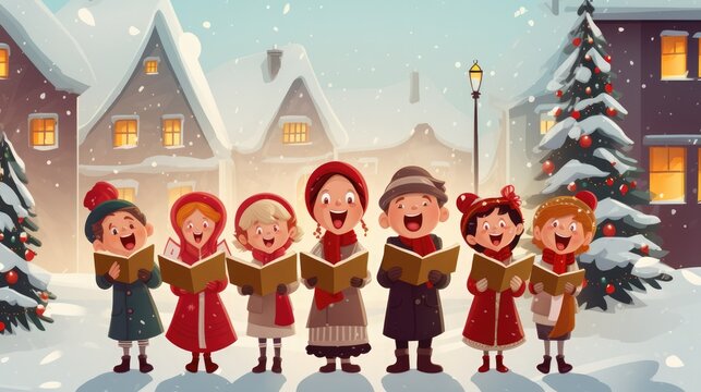Carolers singing in the neighborhood, Christmas cartoon