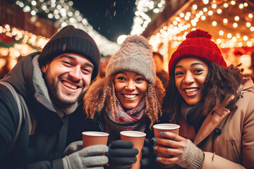Multiracial friends drinking mulled wine at Christmas fair in festively decorated city - obrazy, fototapety, plakaty