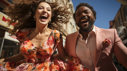 A dynamic photograph of a stylish couple leaping in the air with joy as they prepare to embark on a new adventure