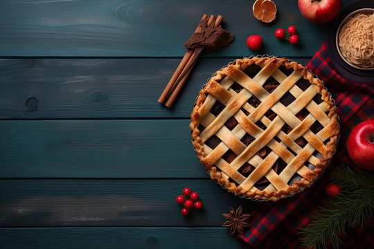 Apple pie on blue wooden board, classic autumn dessert. Thanksgiving. Apples, top view, flat-lay background