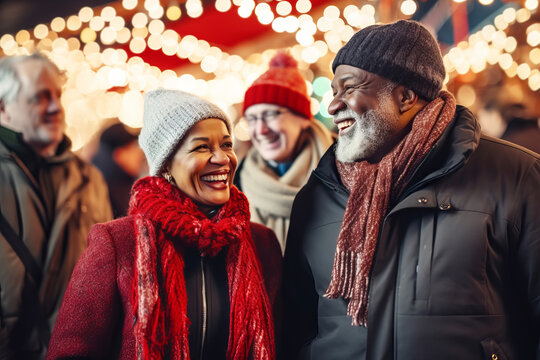 Multiracial senior friends having fun And walk around Christmas fair in festively decorated city