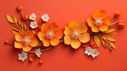 Illustration de fleurs oranges et blanches sur un fond de couleur orange. Arrière-plan et fond pour conception et création graphique.