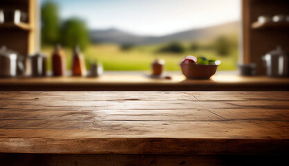 Empty old wooden table with countryside kithcen in background