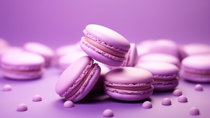 Obraz na płótnie Canvas a pile of pink macaroons sitting on top of a purple surface. generative ai