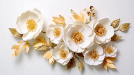 Foto op Plexiglas Illustration de fleurs blanches et dorées sur un fond de couleur blanc. Arrière-plan et fond pour conception et création graphique. © FlyStun