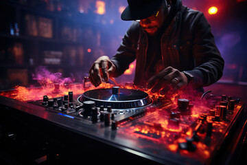 A DJ's hands skillfully manipulating vinyl records on turntables during a live performance. Concept...