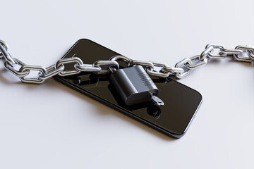 A smartphone securely locked with a padlock and chain. White background