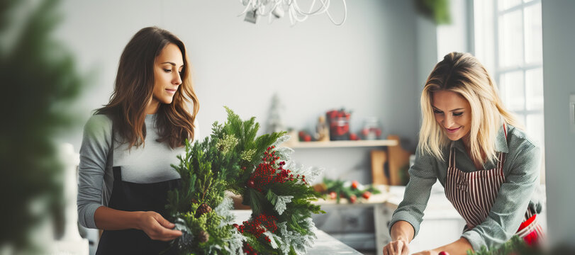 Attractive woman florists creating Christmas wreath in flower shop. Small business, banner format