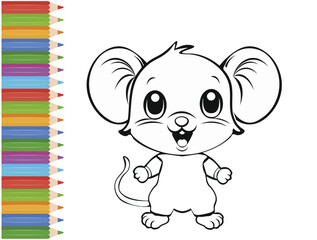Vector illustration of a cartoon mouse with a smile on a white background for coloring.