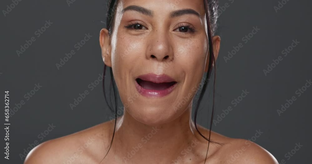 Sticker Woman, lipstick and beauty in studio, makeup and mouth for change, face and pink color. Girl, portrait and model with cosmetic product, check results and glow on lips for transformation for self care