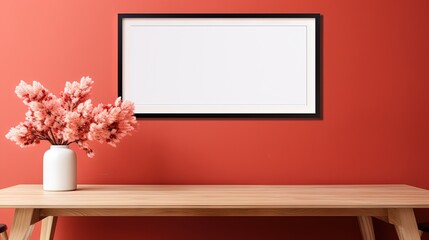  a wooden table with a vase of flowers on it and a picture frame on the wall.  generative ai