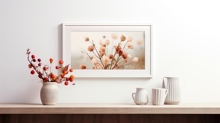  a picture of a vase with flowers on a shelf next to two mugs.  generative ai