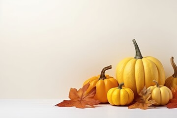 A Group Of Pumpkins And Leaves On A Table. Сoncept Fall Decor, Pumpkin Carving, Autumn Table Setting, Harvest Centerpiece