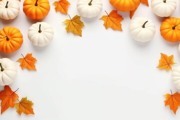 Fallthemed Background With Orange Pumpkins And Leaves On Light Surface, Evoking Autumns Warmth. Сoncept Fall Decor, Autumn Leaves, Pumpkin Carving, Cozy Sweaters