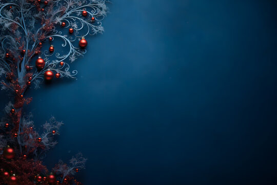 Celtic christmas tree with red decoration balls on Dark Bluebackground. Merry christmas and happy new year greeting card with copy space for text.