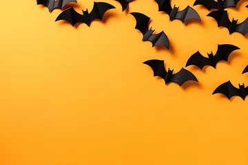 Fotobehang Halloween Diy Decorations With Cardboard Bats On Orange Background And Copy Space, Perfect For Greeting Cards. Сoncept Halloween Diy Decorations, Cardboard Bats, Orange Background, Copy Space © Anastasiia