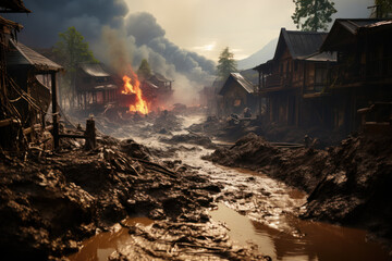 A mudflow engulfing a village, showing the dangers of volcanic eruptions. Concept of volcanic mudflow. Generative Ai.