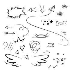 Set of doodle doodle elements for design layouts. Stars, sparkles, hearts, decorations, frames, speech bubbles, arrows, strokes. Children cute drawing.