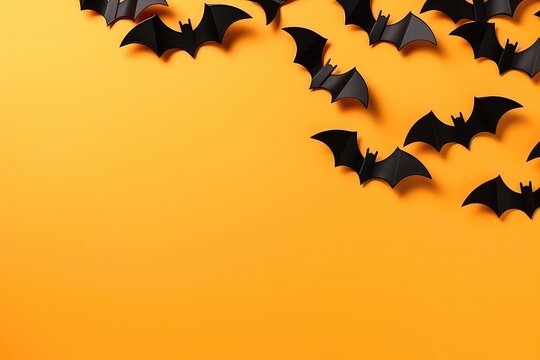 Halloween Diy Decorations With Cardboard Bats On Orange Background And Copy Space, Perfect For Greeting Cards. Сoncept Halloween Diy Decorations, Cardboard Bats, Orange Background, Copy Space