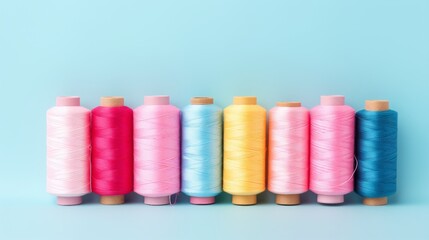 Close up of pastel color sewing threads collection on bright blue background with copy space. Minimal concept of tailor shop or fashion campaign - obrazy, fototapety, plakaty