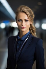 Naklejka premium A gorgeous professional flight attendant at a gate in an airport terminal