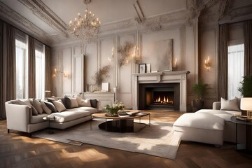 Generate a cozy 3D-rendered scene that centers around a grand fireplace in a room with tall ceilings and wooden parquet floors. Emphasize the warmth and comfort of the space with soft lighting, creati