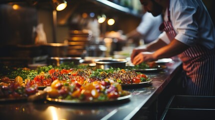 Obraz premium Chefs in a professional restaurant kitchen, cooking