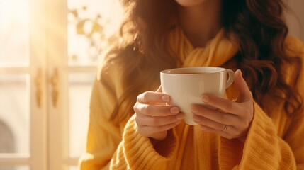  Woman holding a cup of coffee. Drink morning. Beautiful woman hands holding hot cup of coffee on a cozy house drinks a hot drink.  - obrazy, fototapety, plakaty