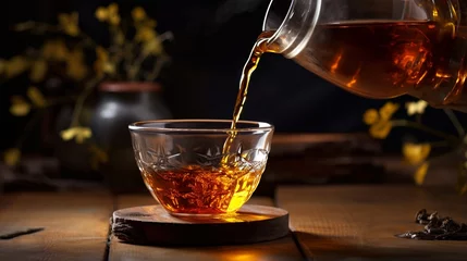 Poster Pouring black tea into glass cup on wooden table on black zen style background. © Jasper W