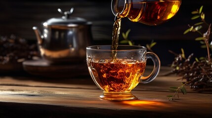 Pouring black tea into glass cup on wooden table on black zen style background.