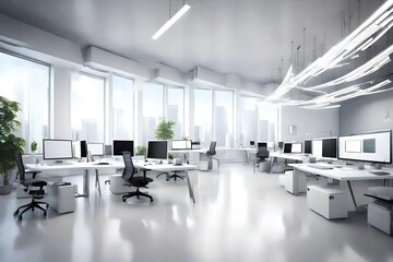 Craft a 3D rendering of a modern white office that emphasizes a tech-savvy atmosphere. Include...