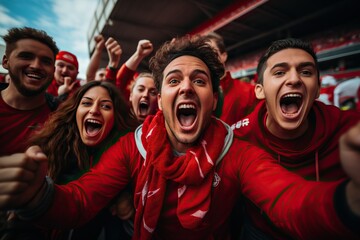 People supporters at a sports event stadium cheering and supporting their favorite team. - 658365133
