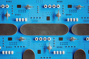 A collection of disassembled skateboard parts, like wheels, trucks, bearings © Dabarti