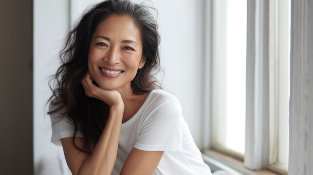 Beautiful 45 year old Asian happy woman in loose home clothes at the window. Portrait of a smiling lady. Feminine beauty.