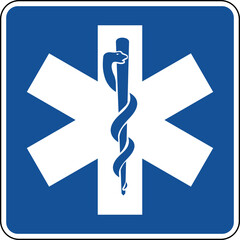 Vector graphic of a blue usa Ambulance mutcd highway sign. It consists of a six pronged cross and a pin with a snake curled round it contained in a blue square