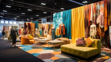 a textile trade show featuring booths adorned with the latest fabric innovations and sustainable materials