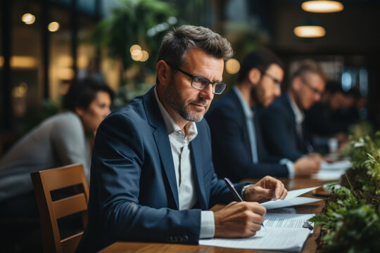 A human resources specialist reviewing employee benefits packages and discussing options with staff. Concept of employee benefits administration in HR. Generative Ai.