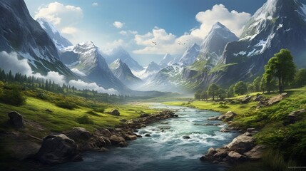 a tranquil river winding through a mountain valley, depicting the timeless beauty of nature's waterways - obrazy, fototapety, plakaty